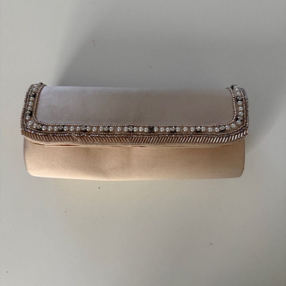 Nordstrom Embellished Pearl Trim Beige Clutch